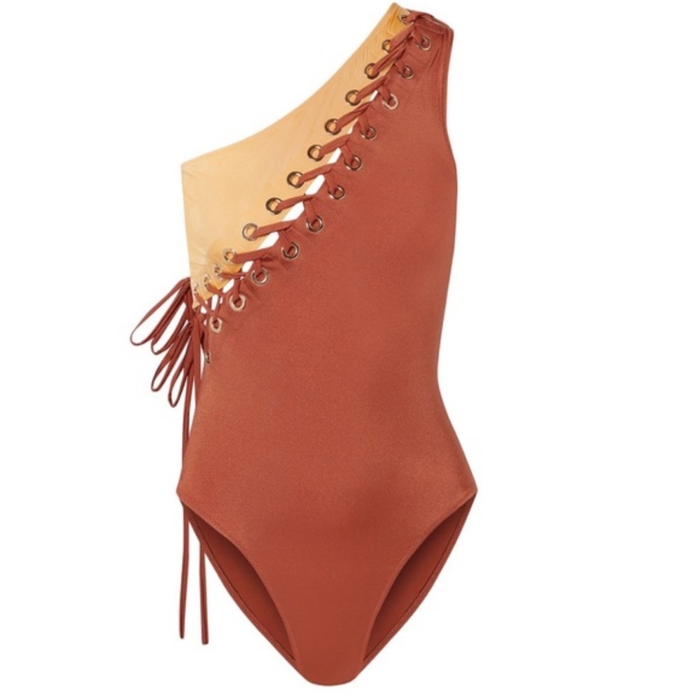 NWT Oye Swimwear Charlotte Lace-Up One-Piece Swimsuit in Copper/Gold - Size XS